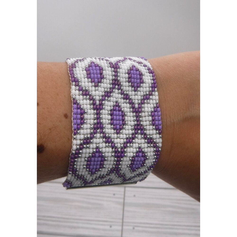 Loom Beaded Bracelet White, Purples, and Silver